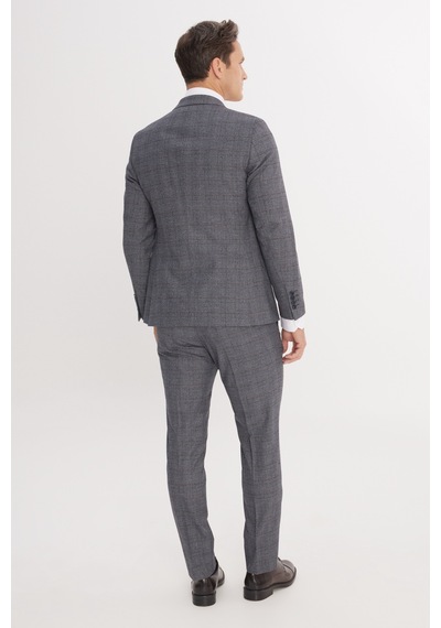 AC&Co / Altınyıldız Classics Erkek Grı Mavı Ekstra Slim Fit Dar Kesim Mono Yaka Kareli Kapak Cepli Takım Elbise Grı Mavı