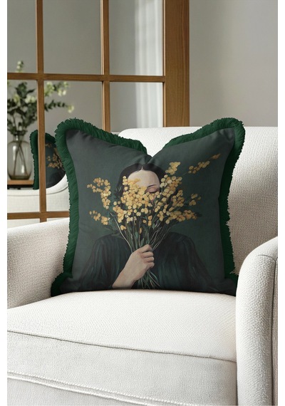 Kadın Çiçek Figürlü Saçaklı Yastık Kılıfı - Sanatsal Floral Modern Sarı Gri Püsküllü Kırlent Kılıfı Uzak Sahil Aura Kadın Çiçek Figürlü Saçaklı Yastık Kılıfı - Sanatsal Floral Modern Sarı Gri Püsküllü Kırlent Kılıfı Uzak Sahil Aura