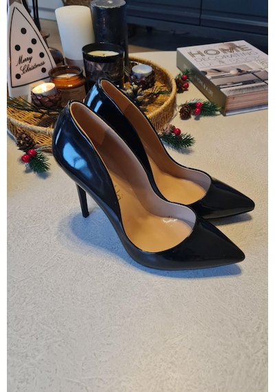 001 200 Topukla Kadın 10 Cm Topuklu Klasik Sivri Burun Stiletto Siyah Rugan