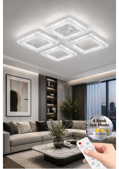 Yakamoz Model Beyaz Kumandalı 4"lü Ledli 3 Renk Modu Kristal Salon Mutfak Yatak Çocuk Odası Avize Gümüş