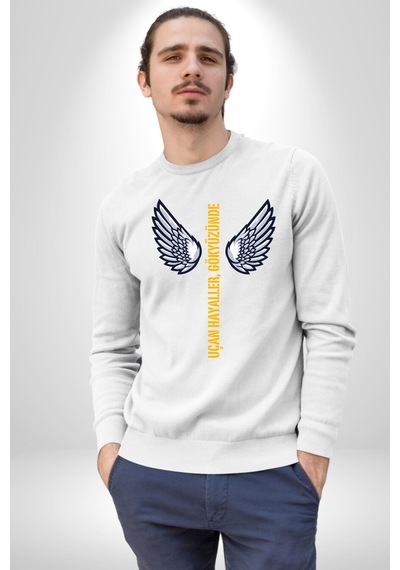 Uçan Hayaller Gökyüzünde Melek Kanatları Unisex Beyaz Sweatshirt Beyaz