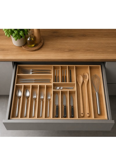 90x46 Cm Ahşap Kaşıklık Çekmece İçi Organizer Doğal Ahşap Mutfak Düzenleyici