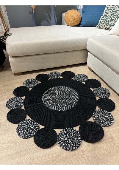 Mavaux Bej Jüt Hasırlı El Örgüsü Kilim Halı Hasır Yuvarlak Siyah