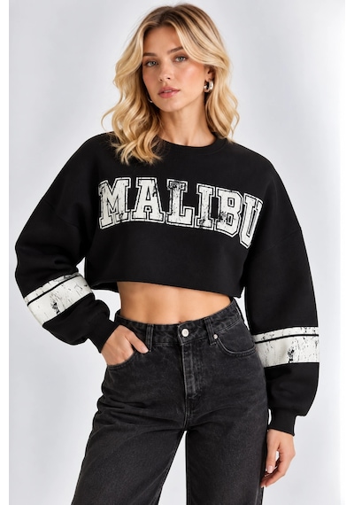 Mevese Malibu Baskılı Rahat Kesim Bisiklet Yaka Crop Sweatshirt- Siyah