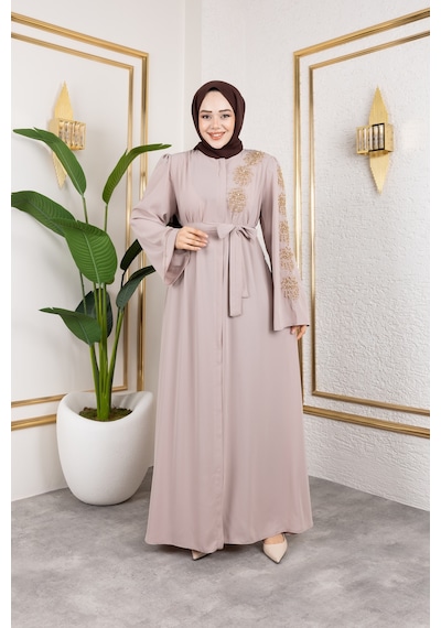 Nevayla Moda Sol Tarafı İnci Detaylı Ferace - Bej / F0140 Bej