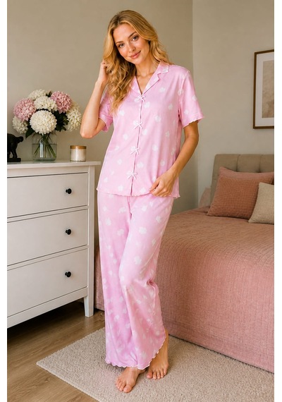 Esra Butik78 Milan Kumaş Yumuşak Dokulu Pudra Pembe Yazlık Kadın Pijama Seti