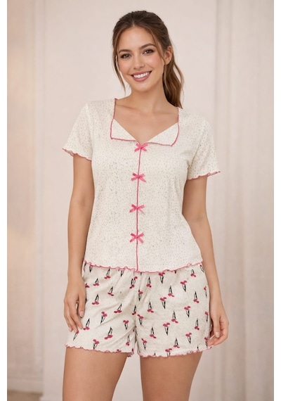 Kadın 01592 Kaşkorse Şortlu Pijama Takımı Beyaz