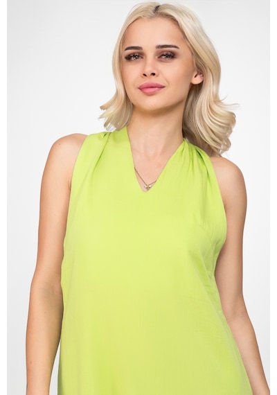Bold & Young Kadın V Yakalı Cepli Pamuklu Kumaş Elbise Lime Yeşil