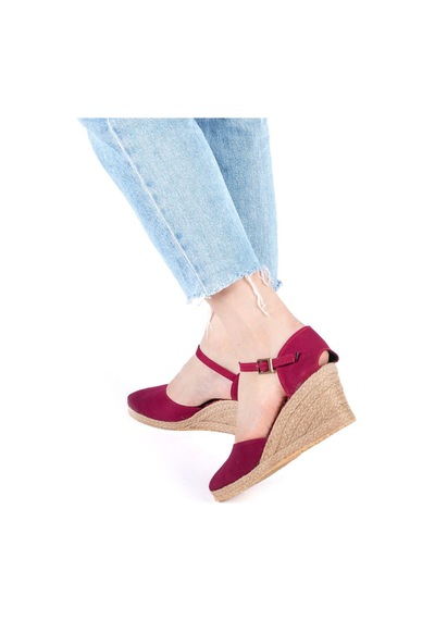 Gerçek Elişi Bilekten Bantlı Topuğu Açık Keten Espadril Dolgu Topuk Handmade Bordo