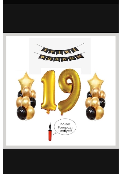 19 Yaş - Altın Gold Folyo Balon Parti Seti + Balon Pompası