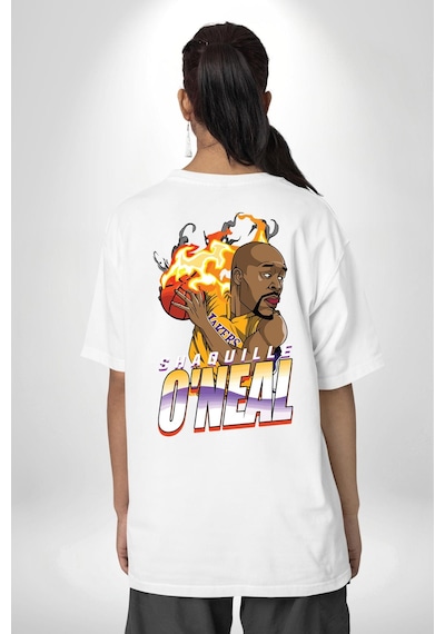 Basketbol Shaquille Oneal Star Ateş Topu Beyaz Oversize Unisex Ön Ve Sırt Baskılı Tişört Beyaz