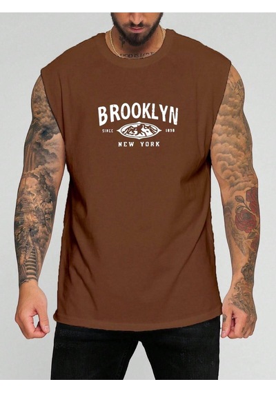 Brooklyn New York Baskılı Kolsuz Tişört Kahverengi