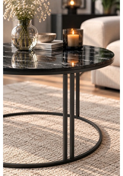 Sulorahome Siyah Orta Sehpa 70 Cm Çapında Yuvarlak Salon Sehpası