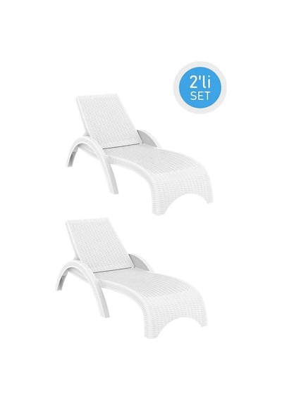 Omnipazar Trk-860 Siesta Fiji Rattan Desenli Ayarlanabilir Lüks Şezlong Beyaz 2'li Set Beyaz