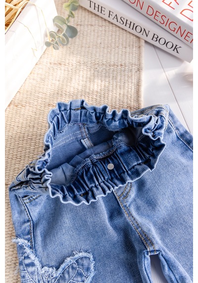 Babymod Kelebek İşlemeli Denim Kız Çocuk Kot Pantolon Mavi