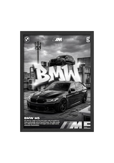 Bmw M5 Siyah Ahşap Çerçeveli Poster, Dekoratif Araba Duvar Tablosu