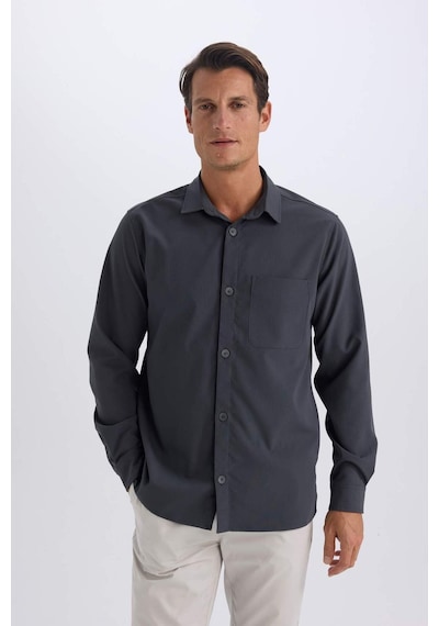 DeFacto Regular Fit Polo Yaka Basic Düz Gofre Uzun Kollu Gömlek D8713AX25SPAR15