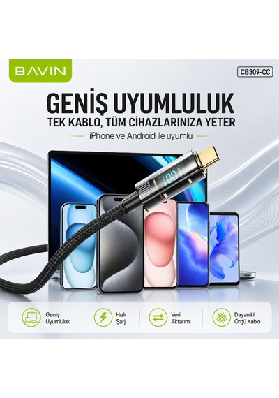 100w Type-c Led Ekranlı, Hızlı Şarj Ve Data Kablosu Örgülü Tüm Cihazlarla Uyumlu