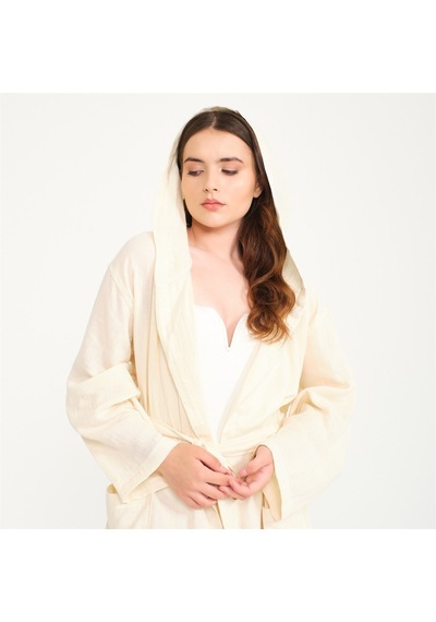 Miespiga Unisex Kapüşonlu Uzun Müslin Bornoz-Bej
