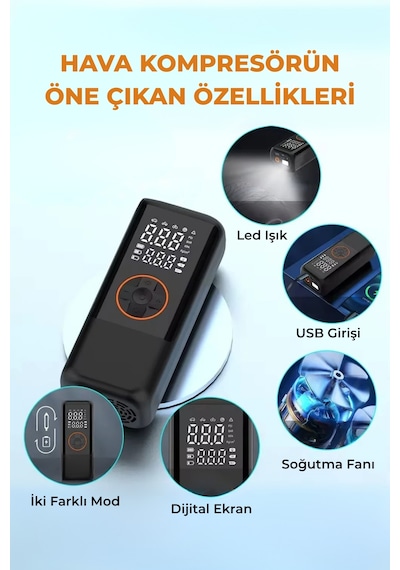 4500 Mah Şarjlı Taşınabilir Araba Lastik Hava Top Şişirme Pompası Led Işıklı Dijital Hava Kompresörü Siyah