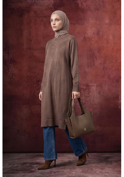 Armine Trend Yaprak Desenli Bisiklet Yaka Uzun Kollu Fitilli Detaylı Tunik Mocha 26ktd408