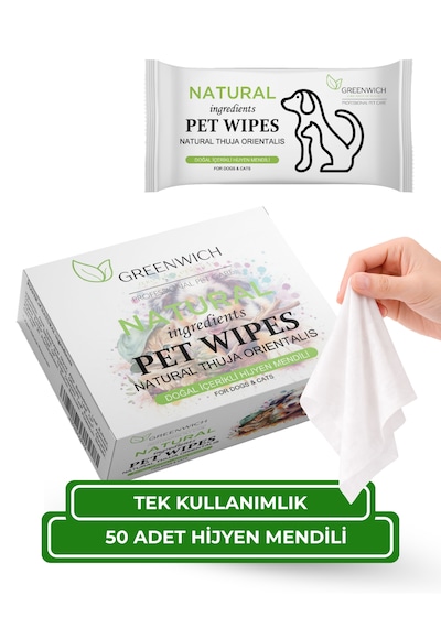Kedi Ve Köpek Hijyen Mendili 50'li Tekli Paket Yüz, Pati, Kulak Ve Arka Bölge Temizliği İçin Tek Kullanımlık Vegan Temizleme Mendili