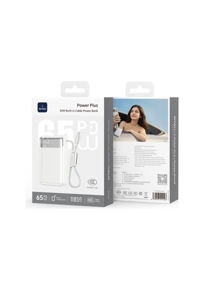 Wiwu T132 Power Plus Serisi Type-c Kablolu Pd Powerbank 65w 12000mah Beyaz