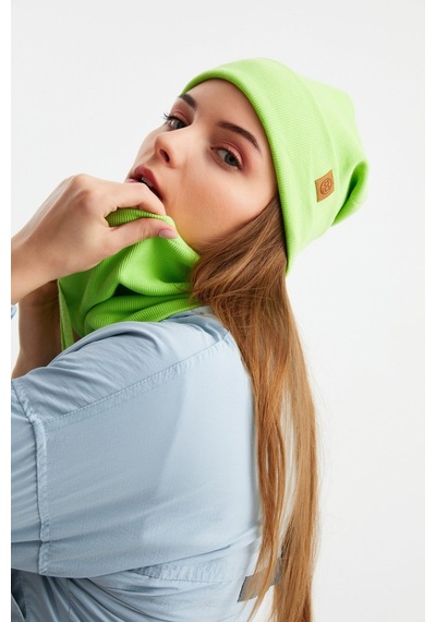 Butikgiz Kadın Balıkçı Style Pamuklu Kaşkorse Terletmez Ultra Hafif Yumuşak Bere Boyunluk Takım Fıstık Yeşili