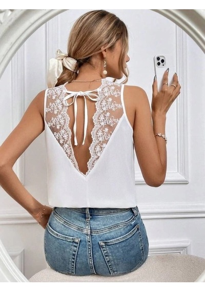 Defymoda Kadı Askılı V Dantel Yakalı Sırttan Bağcıklı Sandy Bluz Beyaz