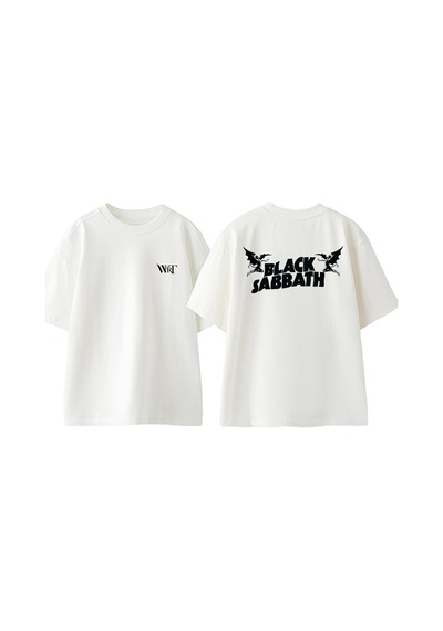 Thewert Black Sabbath İki Melek Tasarım Sırt Baskılı Pamuk Beyaz Oversize T-shirt