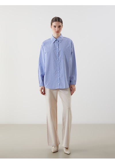 Lcw Modest Mavi Çizgili Oversize Poplin Kadın Gömlek Tunik