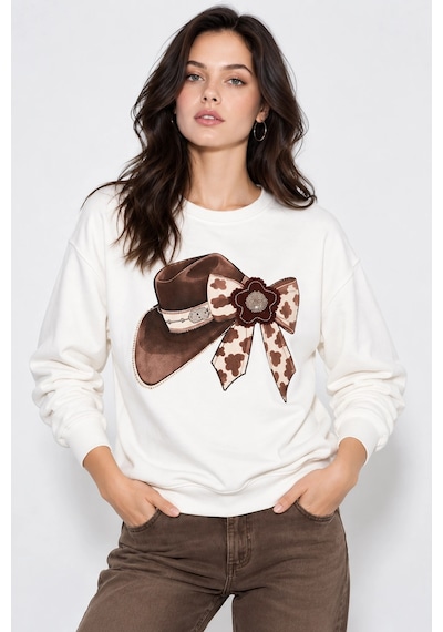Mevese Kadın Taş İşlemeli Fiyonk Baskı Oversize Üç İplik Rahat Kesim Sweatshirt - Beyaz