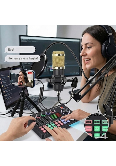 Profesyonel Podcast Yayıncı Mikrofon Seti Ses Kartlı, Efektli, Canlı Yayın & Stüdyo Kiti