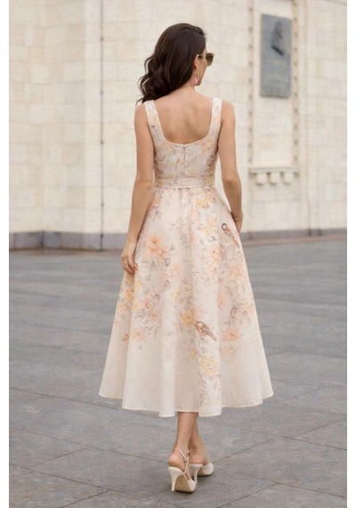 Asprinfashion Kadın Çiçek Desenli Kemerli Düğme Detaylı Midi Elbise İthal Kumaş Bej