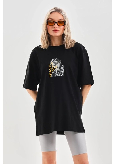 Assema Kadın Baskılı T-shirt Kısa Kol Bisiklet Yaka Ovarsize Rahat Kalıp Günlük Tişört - Siyah Çok Renkli