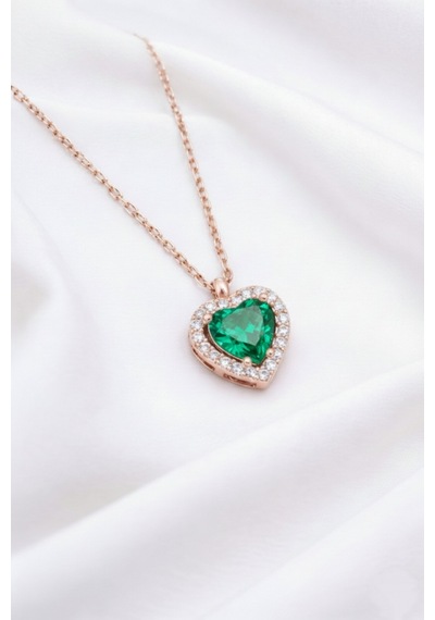 Çekirdekjewelry 925 Ayar Gümüş Rose Kaplama Kalp Kolye Rose Yeşil