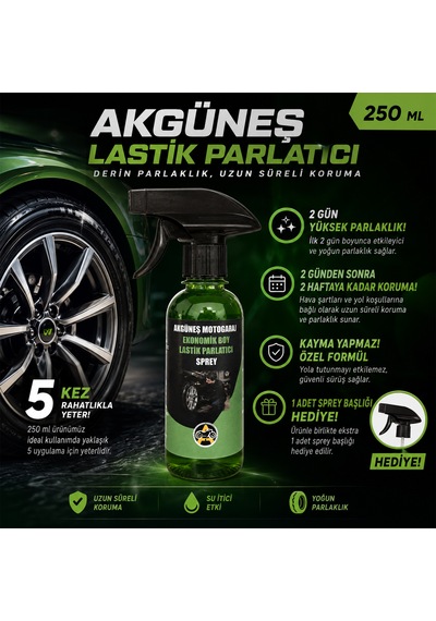 Akgüneş Motogaraj Lastik Parlatıcı Uv Korumalı, Kayma Yapmayan Profesyonel Lastik Bakım Ürünü 250ml