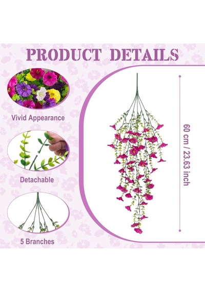 6lı Set Yapay Çiçek Sarkan Petunya Karışık Renkli Yapay Sarmaşık 5dal 60cm Mor