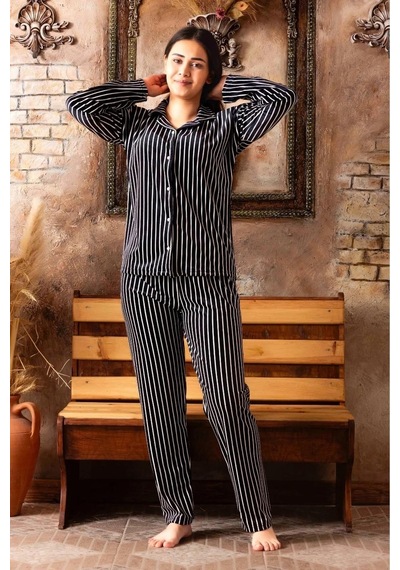 Sude Kadın Kışlık Gömlek Yaka Kadife Çizgili Pijama Takımı P200/841 - 1 Adet 001