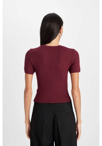 Defacto Crop Bisiklet Yaka Basic Düz Fitilli Kısa Kollu Triko Kazak C5638AX24AUBR34 Bordo