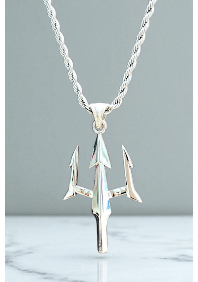 Ak Store Silver Gümüş Kaplama Krom-Çelik Erkek Kolye Madalyon Poseidon Mızrak Gümüş