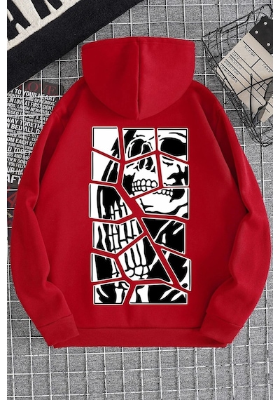 Uyguntarz Unisex Skullcracked Baskılı Sweatshirt Kırmızı