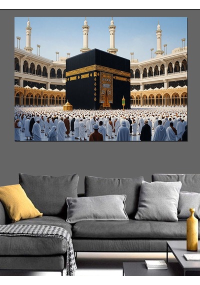 Ahşap Tablo Kabe Etrafında İbadet Eden Kalabalık