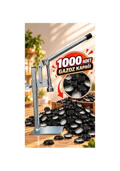 Gazzel Şişe Kapatma Aleti Gazoz Soda Şişesi Taç Kapak Makinası + 1000 Adet Kapak Açık Gri