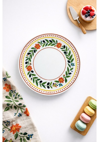 Grandora Retro Zeytin Ve Çiçekli 6 Adet, 20 Cm Pasta, Tatlı Veya Sunum Tabağı - Çok Amaçlı Kahvaltı Tabak Çok Renkli