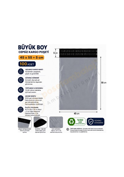 45x55+5 Cm 45x60 Cepsiz Kargo Poşeti 100 Adet