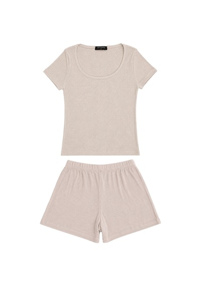 Cottonill Premium - Neat Collection Bej Rib Dokulu Yuvarlak Yaka Modal Viskon Şortlu Kadın Pijama Takımı