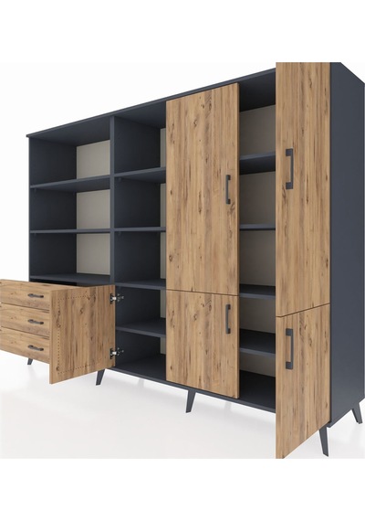 Hyperion Dolap 11 Raflı 3 Çekmeceli 5 Kapaklı 220x44x163 Antrasit Antrasit-çam
