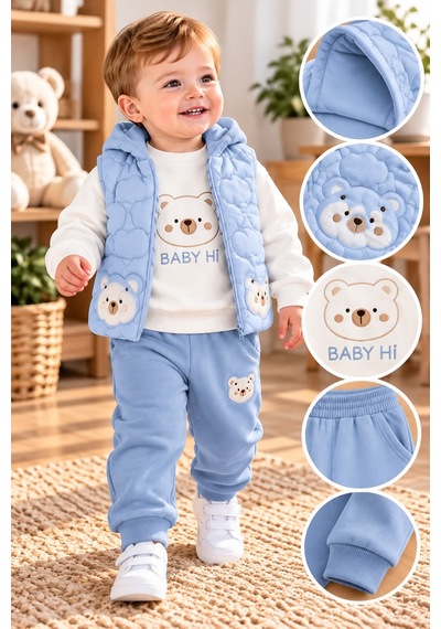 Baby Hi Ayıcıklı Şişme Yelekli Erkek Üçlü Takım 9-18 Aylık -dü651337 - Mavi