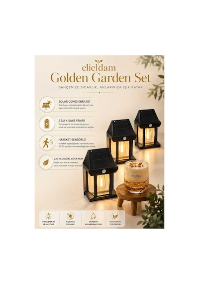 Bahçe Ve Balkon İçin Solar Güneş Enerjili Fener Seti Ve Doğal Soya Wax Mum, Golden Bahçe Balkon Seti
